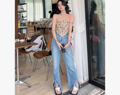 CHIC YAN 复古碎花抹胸吊带裙蓝色破...