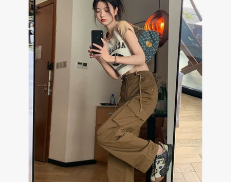 范智乔 抽绳设计感工装裤女夏季薄款高腰显瘦...