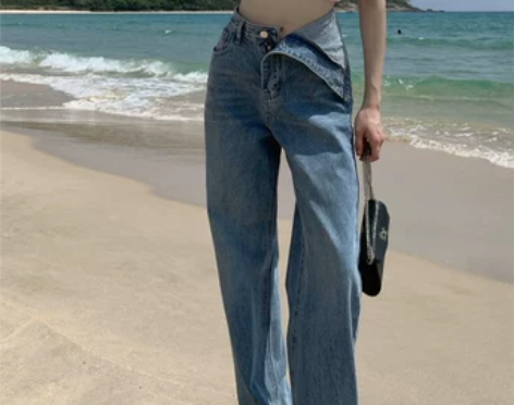 给钱就出！高腰不规则翻边牛仔裤女夏季显瘦阔...