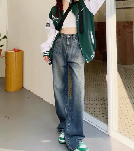 温姗美式复古高腰阔腿牛仔裤女秋冬水洗做旧直...