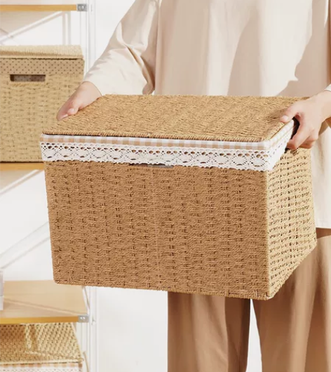 收纳箱藤编家用衣服整理筐带盖日式杂物玩具零...
