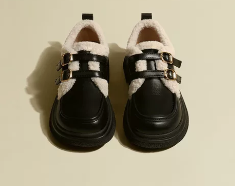 新款系带搭扣小皮鞋复古厚底加绒百搭棕色乐福...