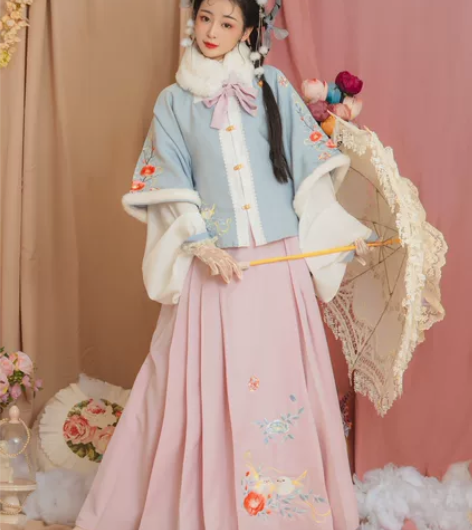 玉术原创汉服女啾啾方领半袖披袄明制百迭裙褶...