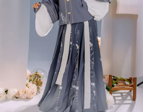 玉术原创汉服女繁花似锦明制方领半袖齐腰褶裙...