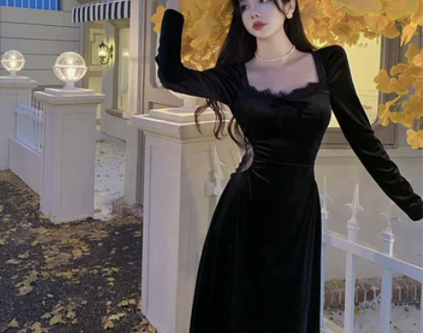 MIYUE高定温柔公主连衣裙丝绒气质小黑裙...