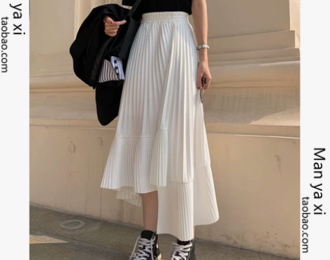 仙女不规则压褶荷叶边雪纺半身裙女夏中长款高...