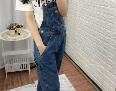 背带牛仔裤女 肩带刺绣字母牛仔背带裤