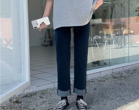 复古卷边牛仔裤女大码胖mm高腰显瘦直筒裤2...