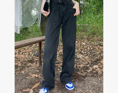 WARDROBE黑色阔腿牛仔裤女2022新...