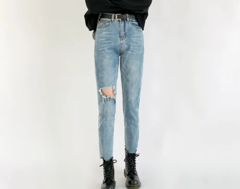 高腰膝盖破洞牛仔裤女梨型身材穿搭mm宽松显...