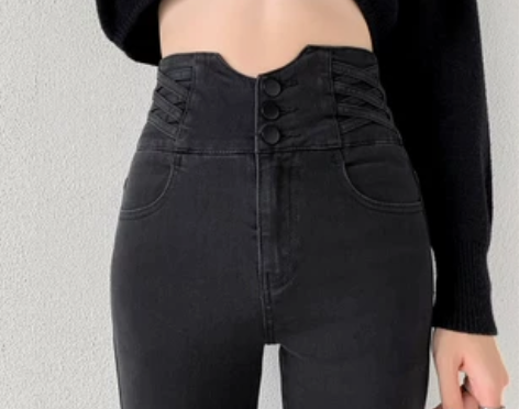 高腰复古牛仔裤女春秋韩版弹力提臀小脚裤紧身...