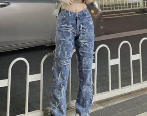 临典破洞牛仔裤女vibe美式复古高街hip...