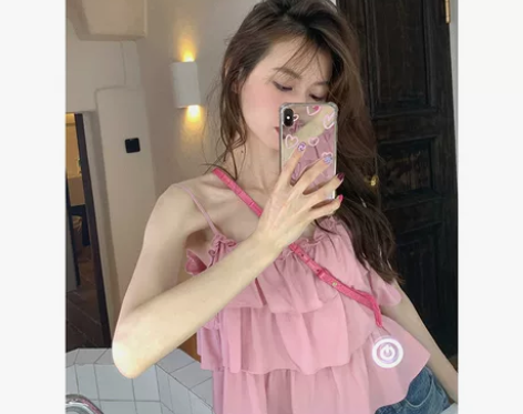 粉色荷叶边吊带背心女夏季外穿法式宽松显瘦别...