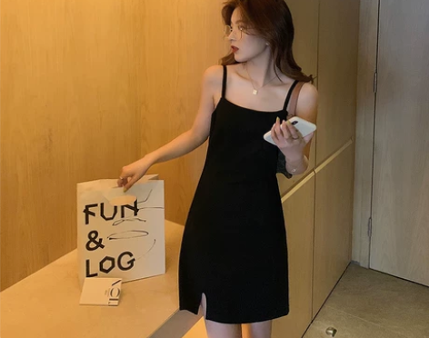 黑色开叉吊带裙子女夏法式性感a字吊带连衣裙...
