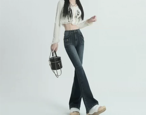 复古蓝微喇弹力牛仔裤女宽松直筒做旧显瘦拖地...