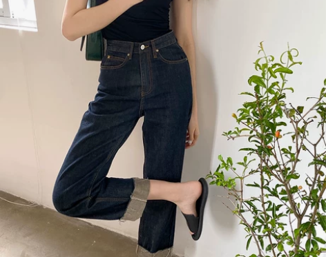 复古高腰牛仔裤女chic韩版深蓝色显瘦百搭...