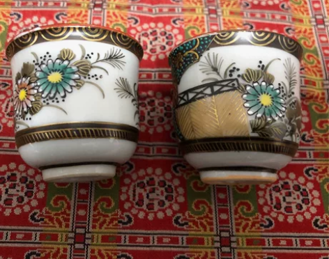 九谷烧一对老杯子,花卉画片,无磕无冲,标价...