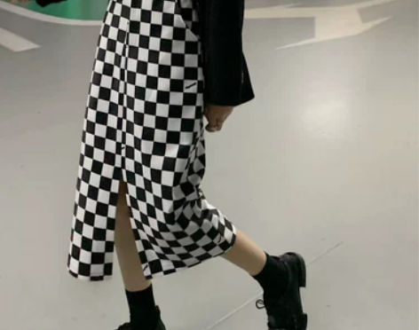 大码不规则设计感棋盘格开叉长裙半身裙女秋冬...