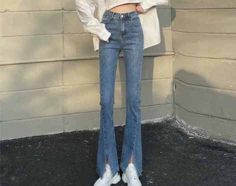高腰开叉牛仔裤女2021年新款垂感阔腿分叉...
