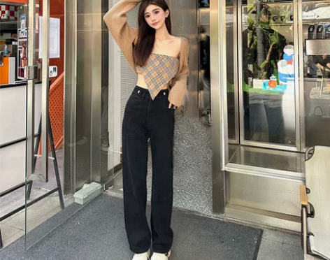 ZXZA早秋新品黑色直筒牛仔裤简约百搭高腰...