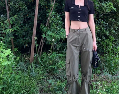 美式复古工装裤女夏季高腰显瘦直筒宽松阔腿运...