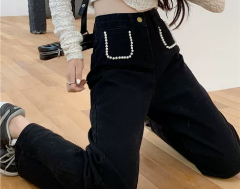 秋冬新款牛仔裤女珍珠口袋设计感大码高腰显瘦...