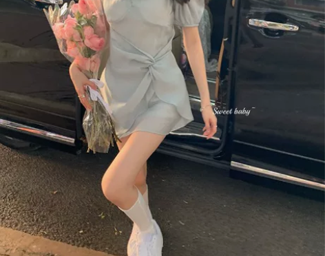 连衣裙女泡泡袖一字肩链条吊带短袖裙子202...