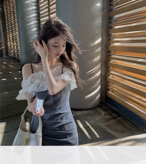 滕雨佳一字领吊带连衣裙设计感法式收腰气质修...