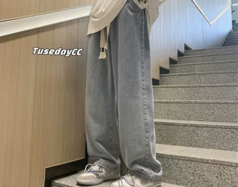 美式高街烟灰色直筒牛仔裤男春秋季overs...