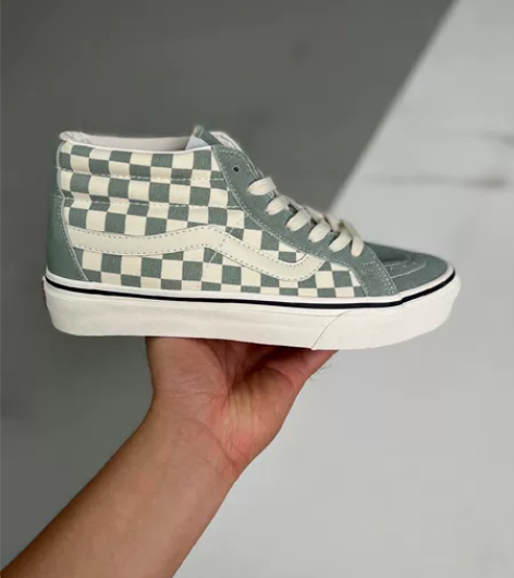 万斯 中帮 棋盘格子 雾霾蓝棋盘格复古男女...