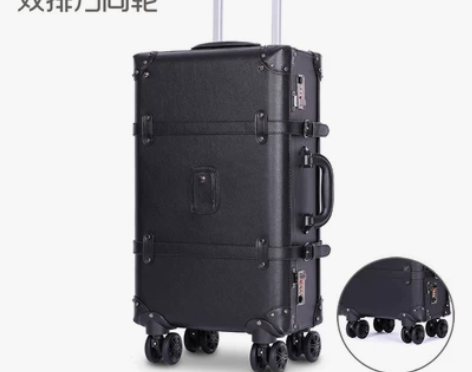 复古直角行李箱万向轮黑色皮箱网红拉杆箱复古...