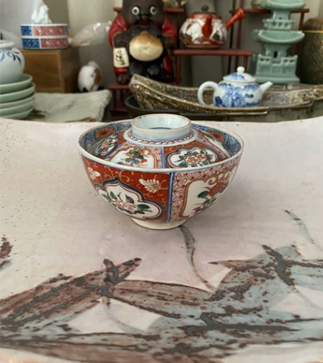 日本回流 老柴烧青花彩绘盖碗 内外绘 九谷...