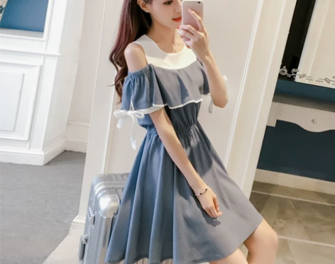 少女生2018新款夏装小清新露肩连衣裙初中...