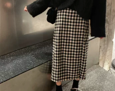 珍珍家长款棋盘格半身裙女高腰直筒针织裙秋冬...