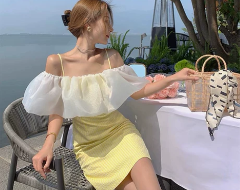法式韩版优雅一字肩显白仙女裙格子连衣裙网纱...