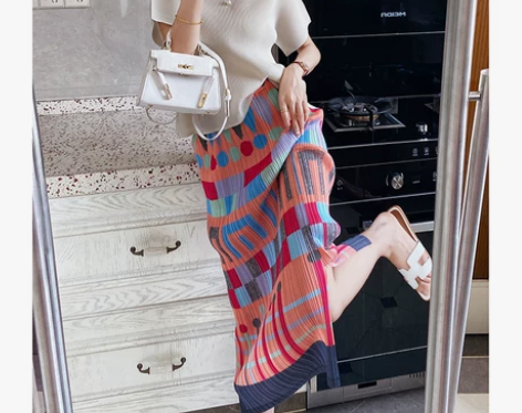 三宅褶皱中古印花半身裙套装女夏白百何明星同...