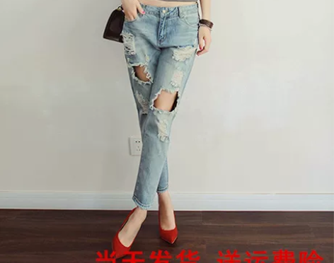 香港潮牌乞丐水洗磨白宽松BF牛仔裤女九分膝...