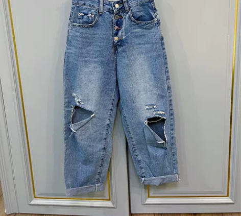 破洞高腰牛仔裤,9成新,S码(100-11...