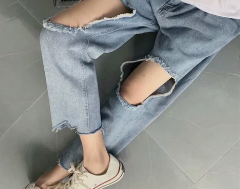 春夏季高腰大破洞牛仔裤女直筒宽松薄款大码胖...