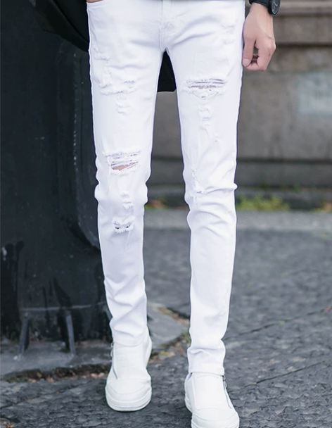 破洞牛仔裤 破洞牛仔裤小脚裤春夏季白色男修...
