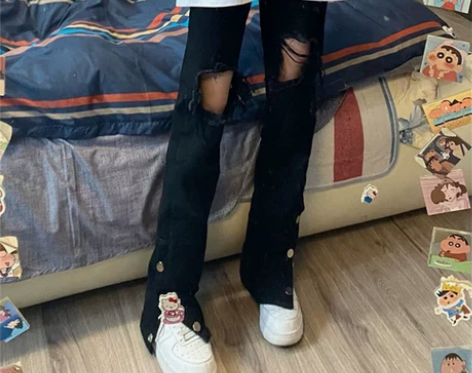 设计感小众破洞开叉牛仔裤子女高腰宽松直筒显...