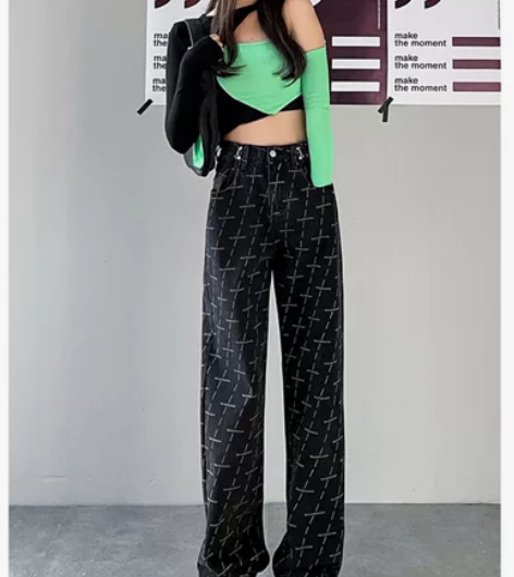 满布Logo 高腰阔腿牛仔裤 黑色27码 ...