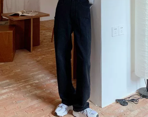 宽松高腰阔腿牛仔裤女百搭显瘦黑色直筒拖地裤...