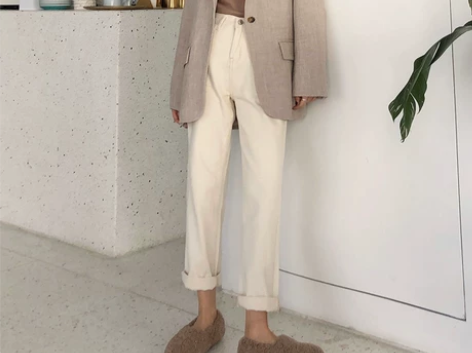 米白色直筒牛仔裤女宽松阔腿裤2022新款小...