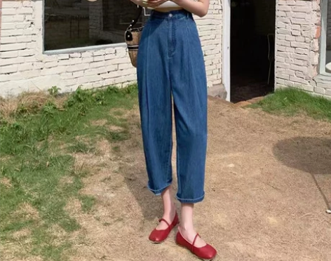 高腰宽松九分香蕉牛仔裤女夏季薄款显瘦老爹垂...