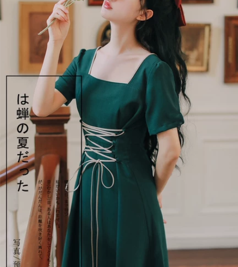绿色方领系带连衣裙女修身收腰显瘦气质裙子夏...