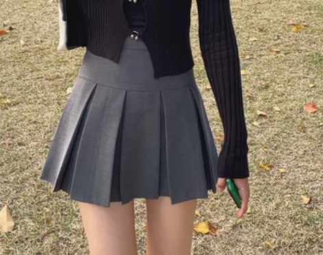 花田橱窗 高腰灰色百褶裙女夏季显瘦遮跨美式...