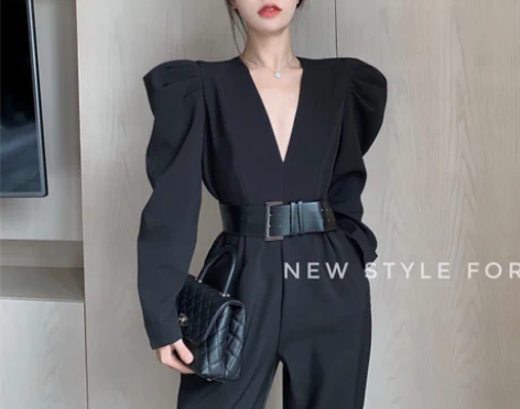 女装春季新款复古V领泡泡袖宽松设计感收腰连...