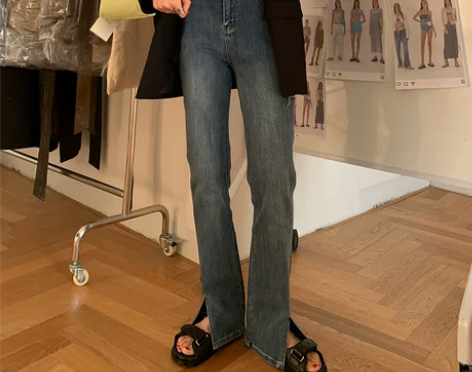 EALA复古ins风高腰牛仔裤女夏季微喇巴...