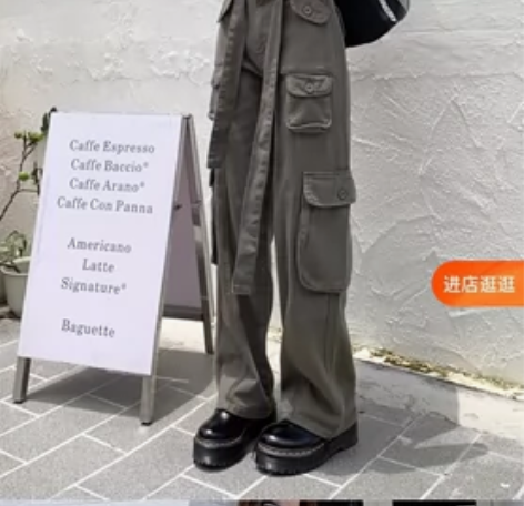 裤子女高腰直筒裤工装裤黑色显瘦冬季宽松阔腿...